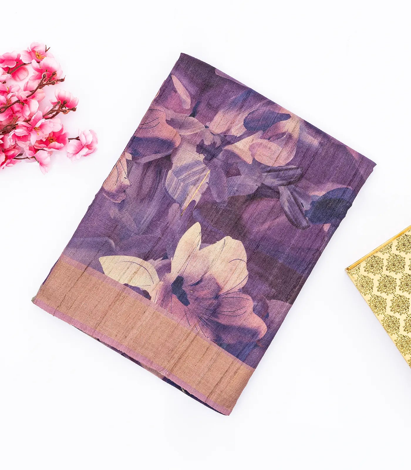 Lilac Handloom Tussar Silk Saree Printed With Floral Motifs & Zari Border