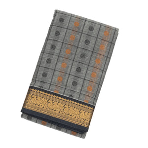 Grey Handloom Kanchi Cotton Saree With Checks & Chakaram Motifs.
