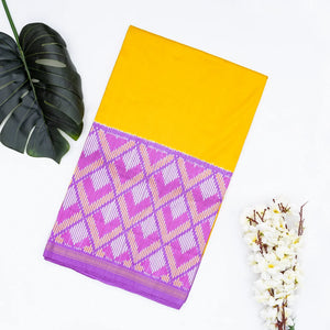 Turmeric Yellow Handloom Ikat Silk Saree With Contrast Lavender Border