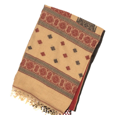 Beige Handloom Bengal Cotton Saree With Temple Border