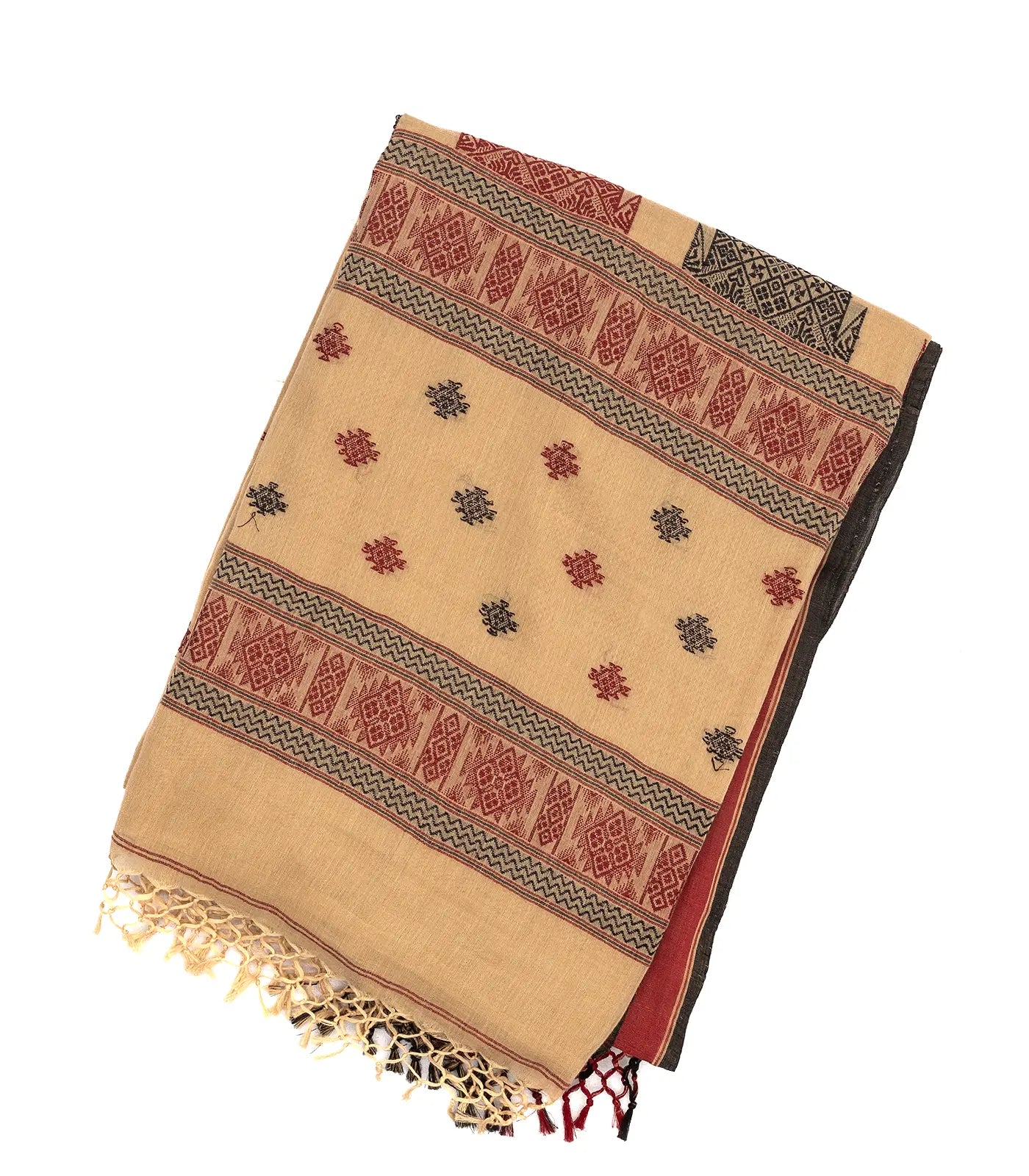 Beige Handloom Bengal Cotton Saree With Temple Border