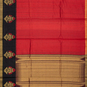 Red Handwoven Tussar Silk Saree With Checks-Red