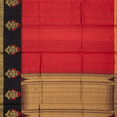 Red Handwoven Tussar Silk Saree With Checks-Red