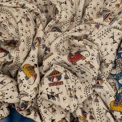 Cream Handloom Kalamkari Cotton Saree With Printed Tribal Motifs