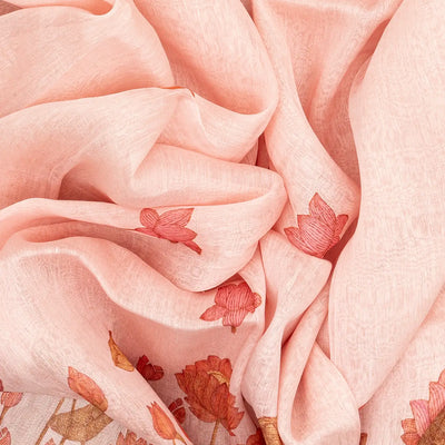 Baby Pink Handwoven Linen Saree Printed With Floral Motifs