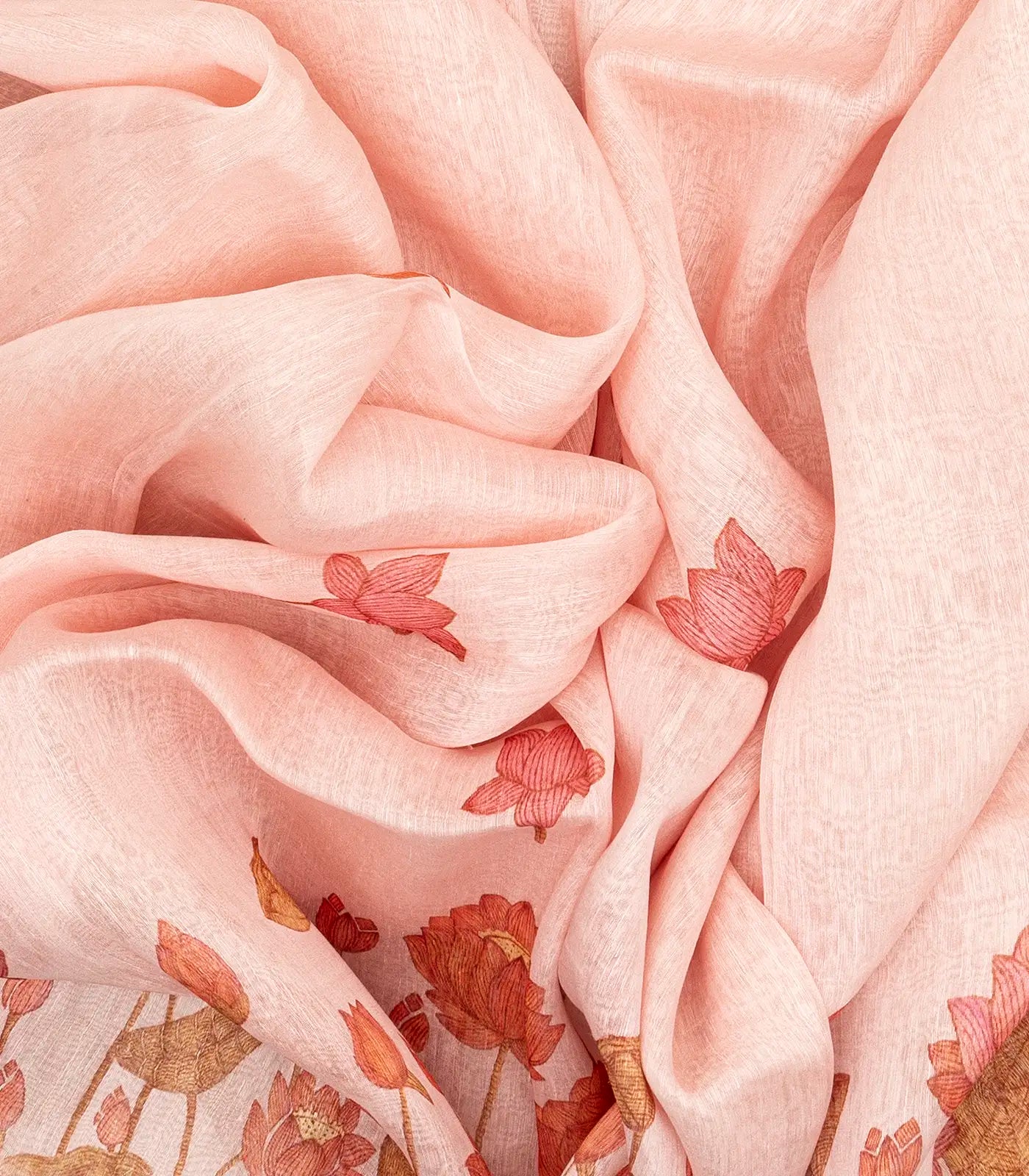 Baby Pink Handwoven Linen Saree Printed With Floral Motifs