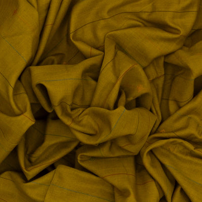 Olive Green Handloom Bengal Cotton Saree With ( Dora ) Stripes in Green, Brown and Red