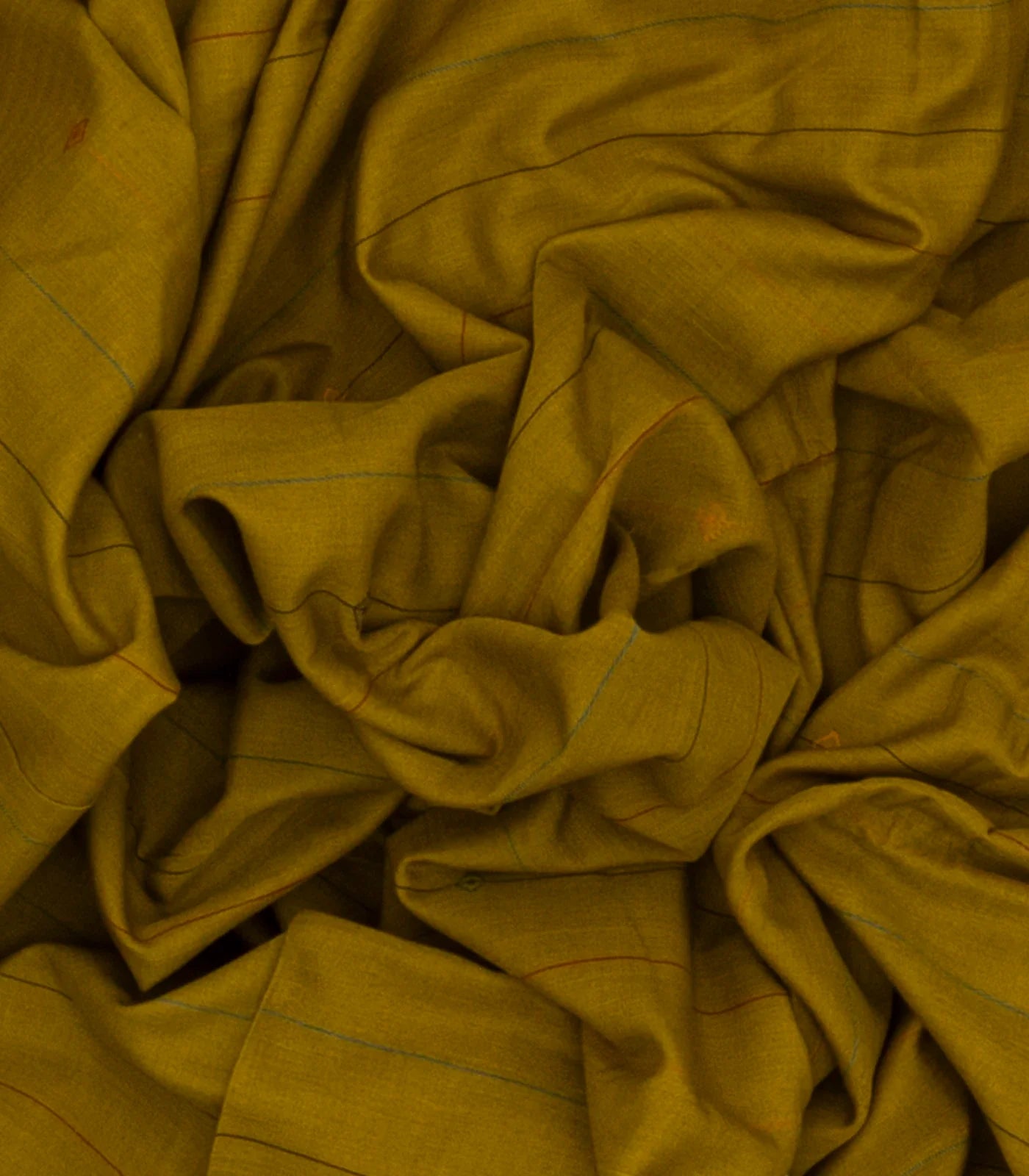 Olive Green Handloom Bengal Cotton Saree With ( Dora ) Stripes in Green, Brown and Red