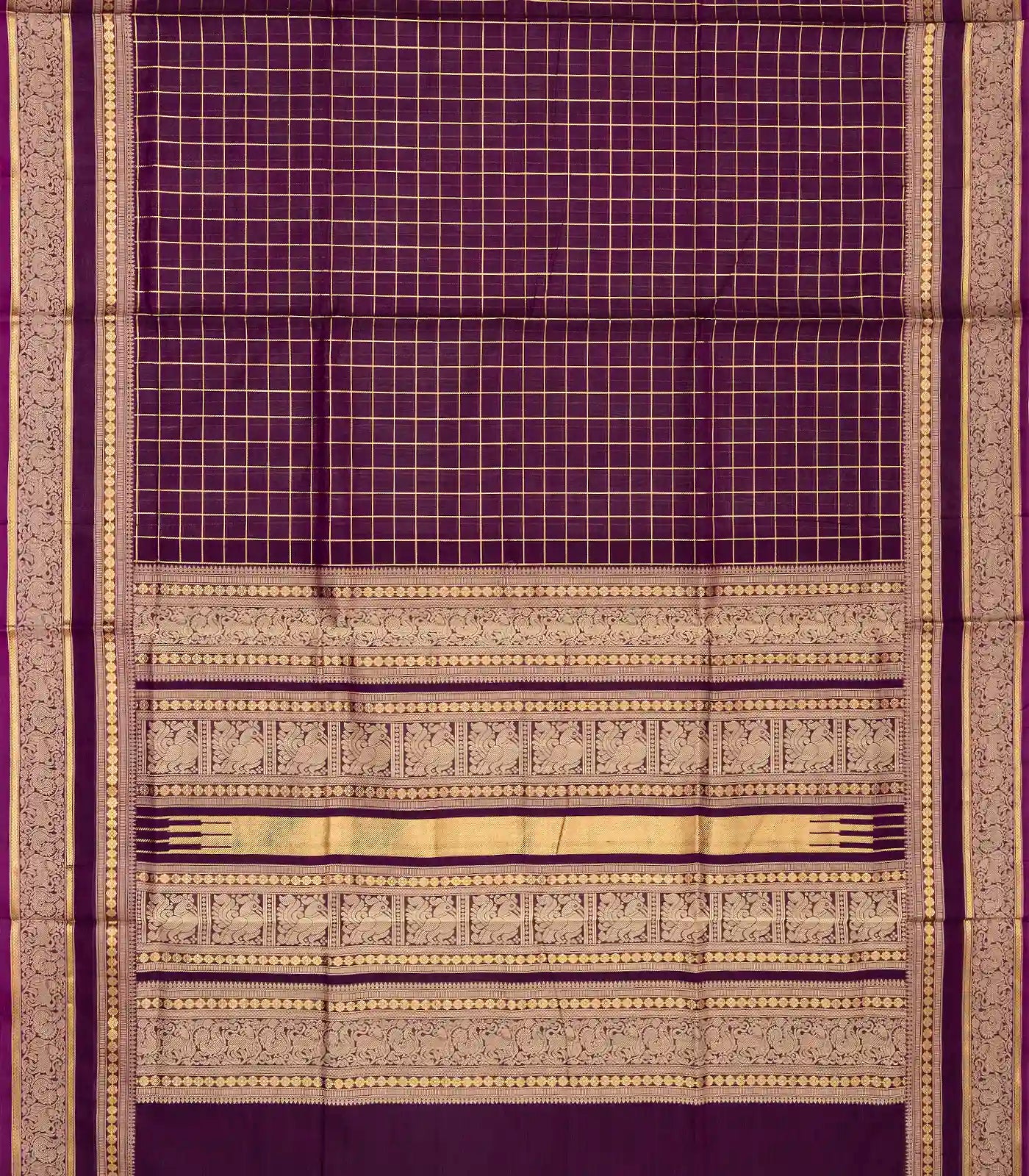 Burgundy Handloom Silk Cotton Saree With Zari Checks