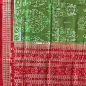 Parrot Green Red Dual Tone Elephant Pure Sambalpuri Bomkai Silk Saree