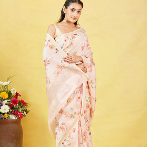 Off White Handloom Tussar Silk Saree With Printed Bird Motifs