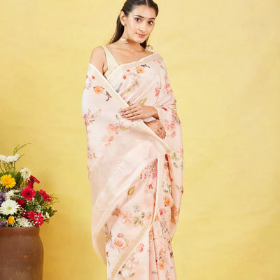 Off White Handloom Tussar Silk Saree With Printed Bird Motifs
