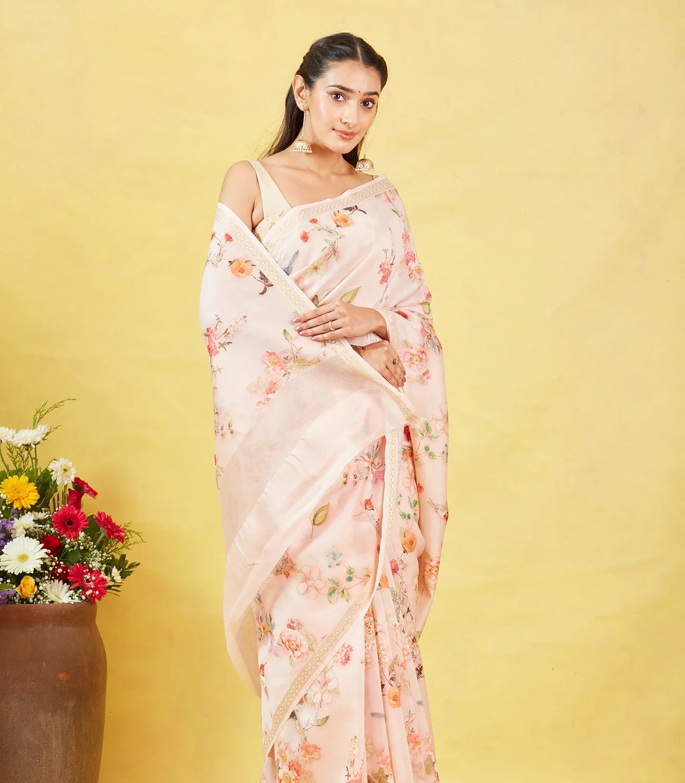 Off White Handloom Tussar Silk Saree With Printed Bird Motifs