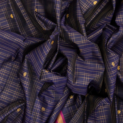 Navy Blue Handloom Kanchipuram Silk Saree With Checks