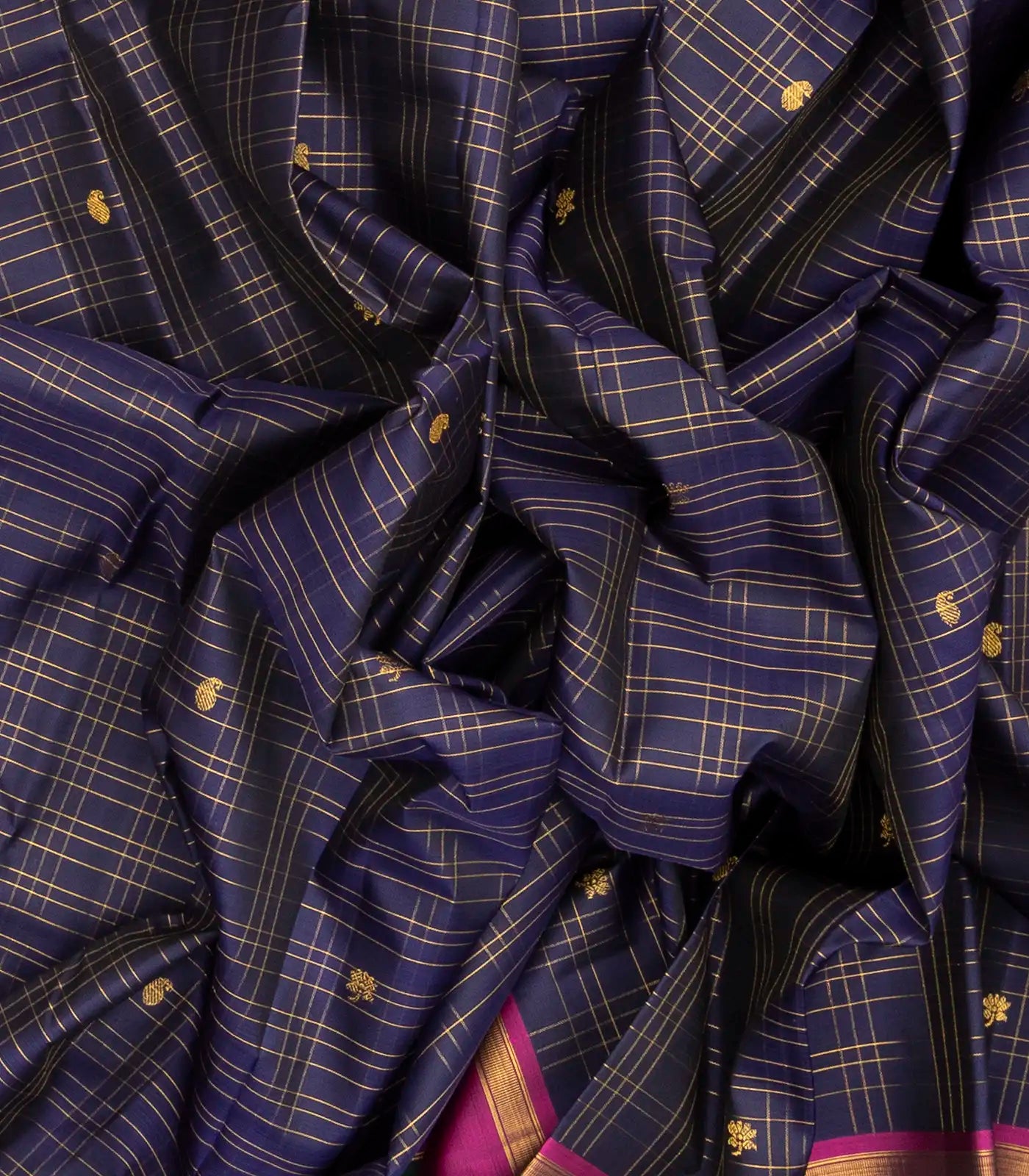 Navy Blue Handloom Kanchipuram Silk Saree With Checks