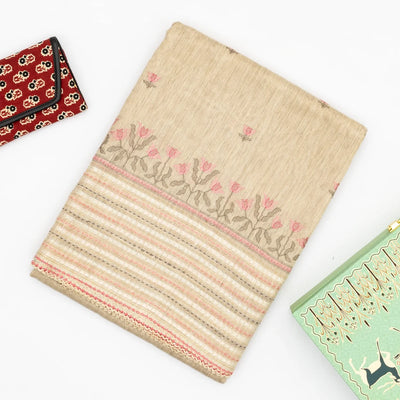 Taupe Handloom Tussar Silk Saree Embroidered With Floral Motifs