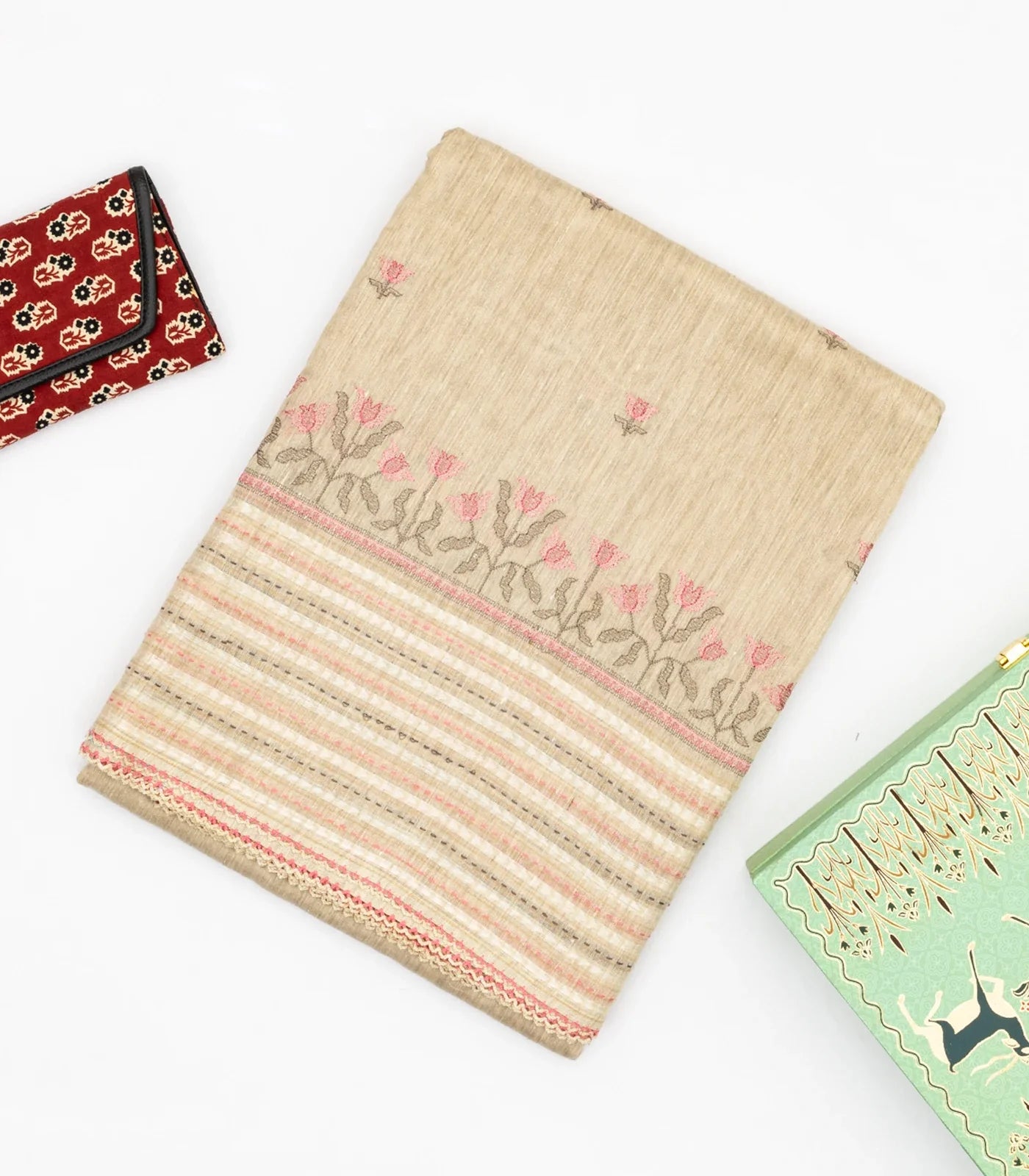 Taupe Handloom Tussar Silk Saree Embroidered With Floral Motifs