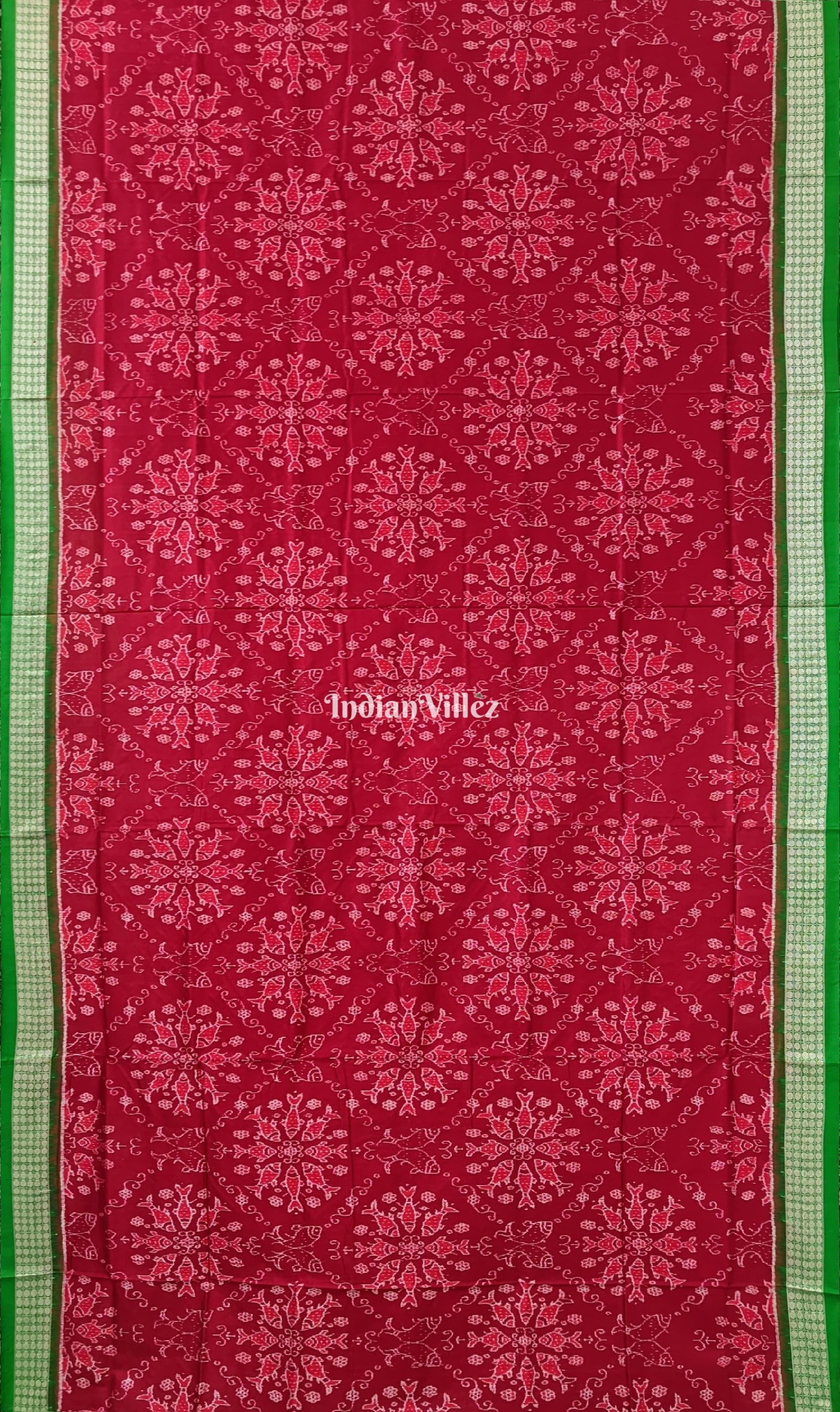 Maroon Green Fish Motif Sambalpuri Silk Saree