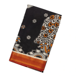 Black Handloom Kalamkari Cotton Saree With Printed Peacock Motifs