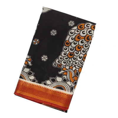 Black Handloom Kalamkari Cotton Saree With Printed Peacock Motifs