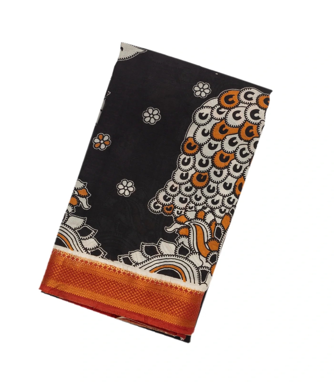 Black Handloom Kalamkari Cotton Saree With Printed Peacock Motifs