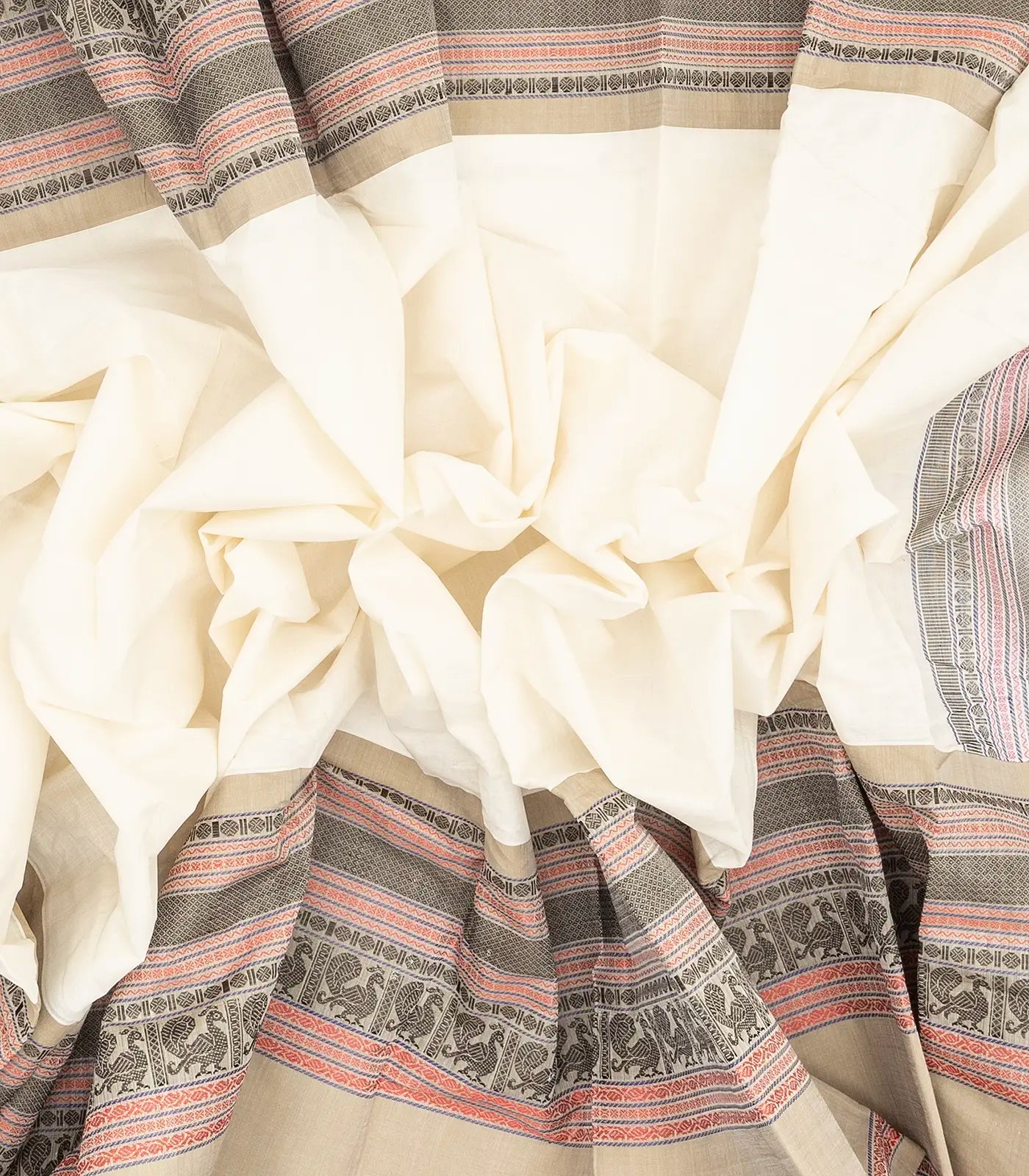 White Handloom Kanchi Cotton Saree With Contrast Border