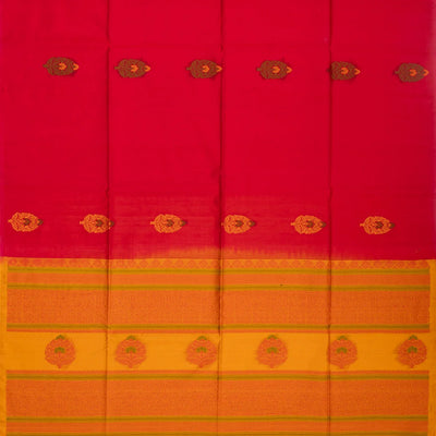 Hot Pink Handloom Kora Silk Cotton Saree With Mustard Pallu