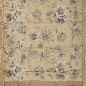 Taupe Woven Organza Saree With Floral Print & Embroidery