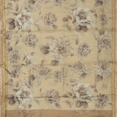 Taupe Woven Organza Saree With Floral Print & Embroidery