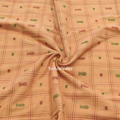 Beige Fish & Flower Motif Odisha Ikat Bomkai Cotton Fabric