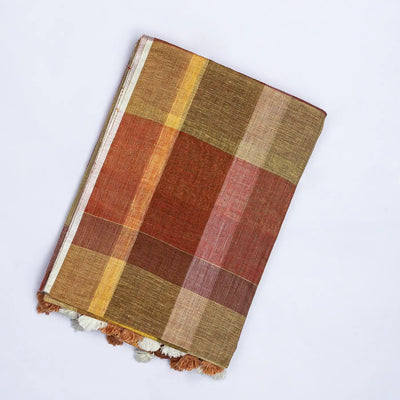 Multi Colour Handloom Linen Saree With Red Checks