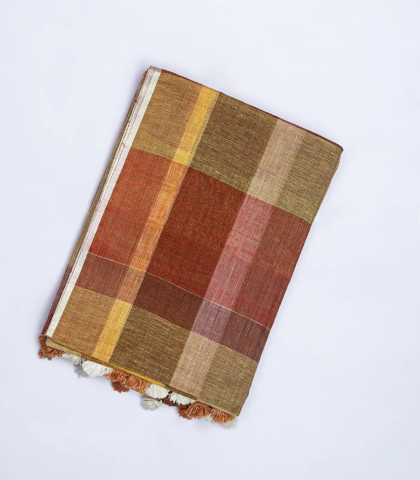 Multi Colour Handloom Linen Saree With Red Checks