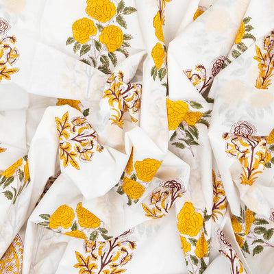 White Woven Jaipur Cotton Saree With Printed Flower Motifs