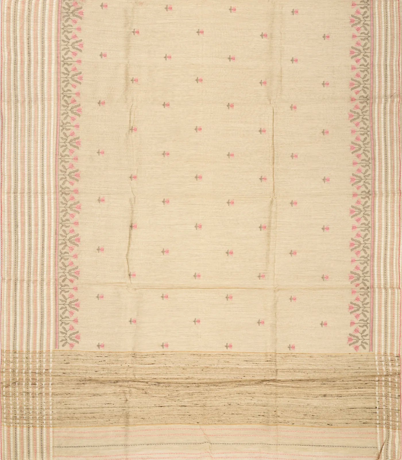 Taupe Handloom Tussar Silk Saree Embroidered With Floral Motifs