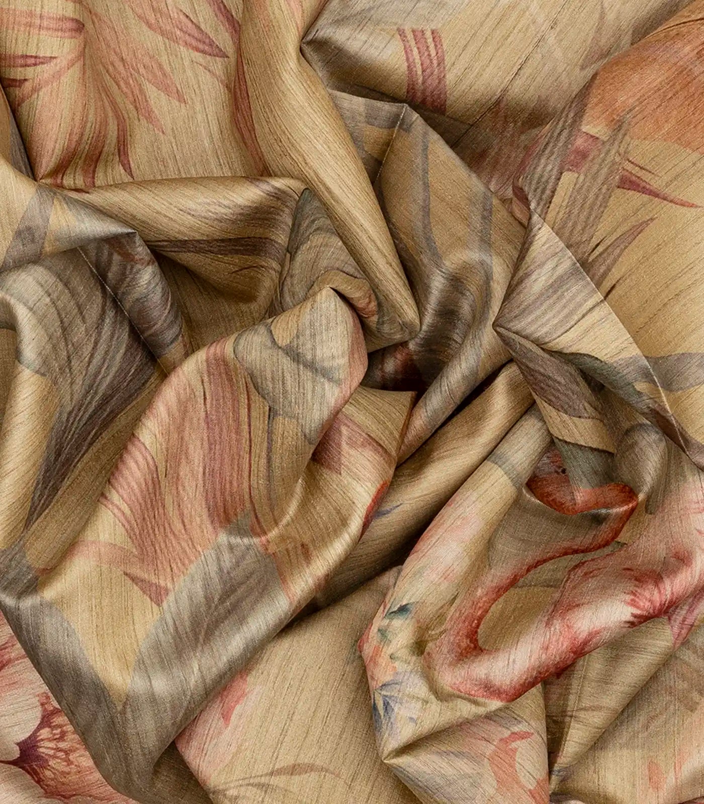 Taupe Handloom Tussar Silk Saree With Printed Crane Motifs-Taupe