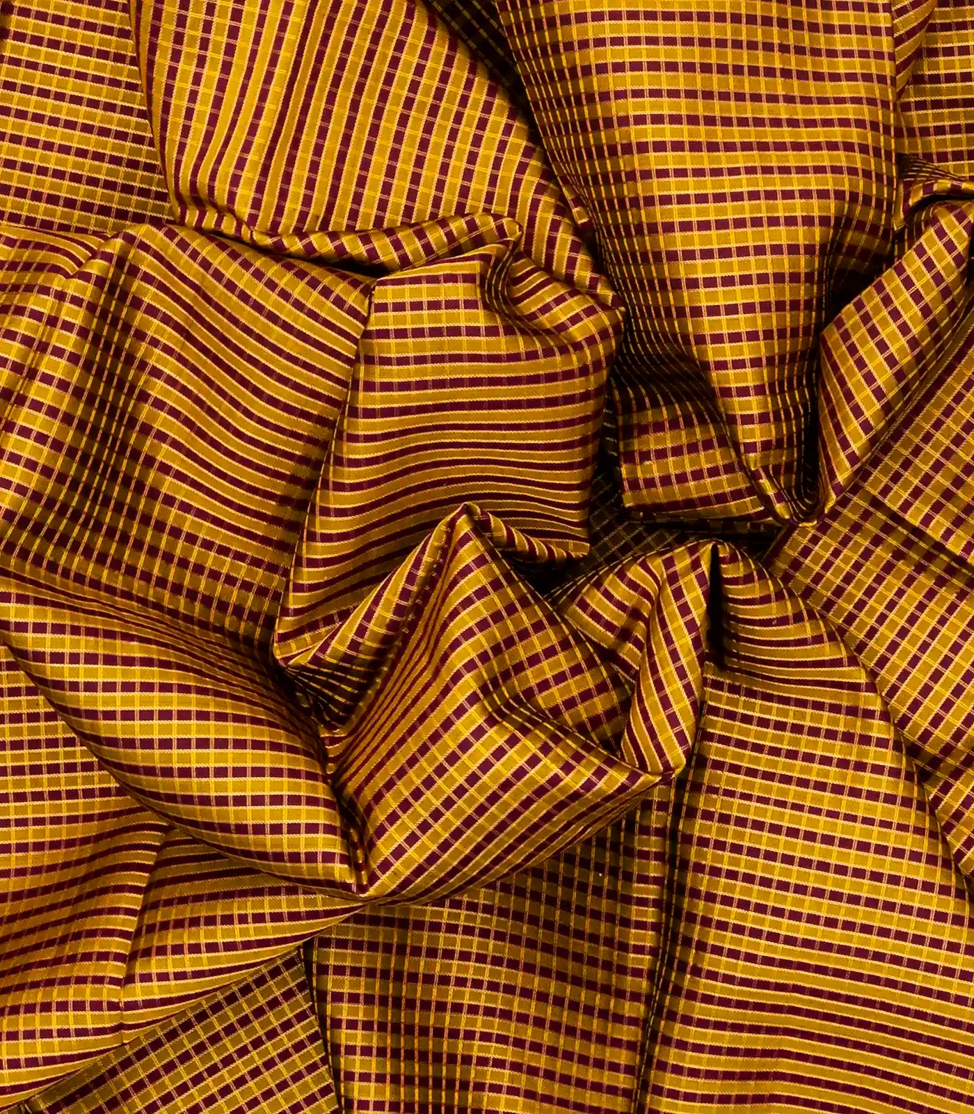 Mustard Silk Saree With Checks & Navy Blue Border