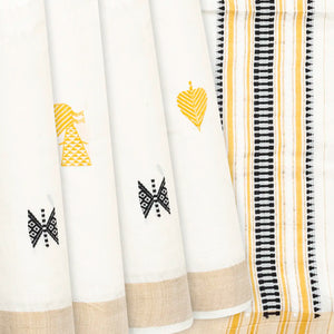 White Handwoven Tussar Silk Saree With Leaf Motifs-White