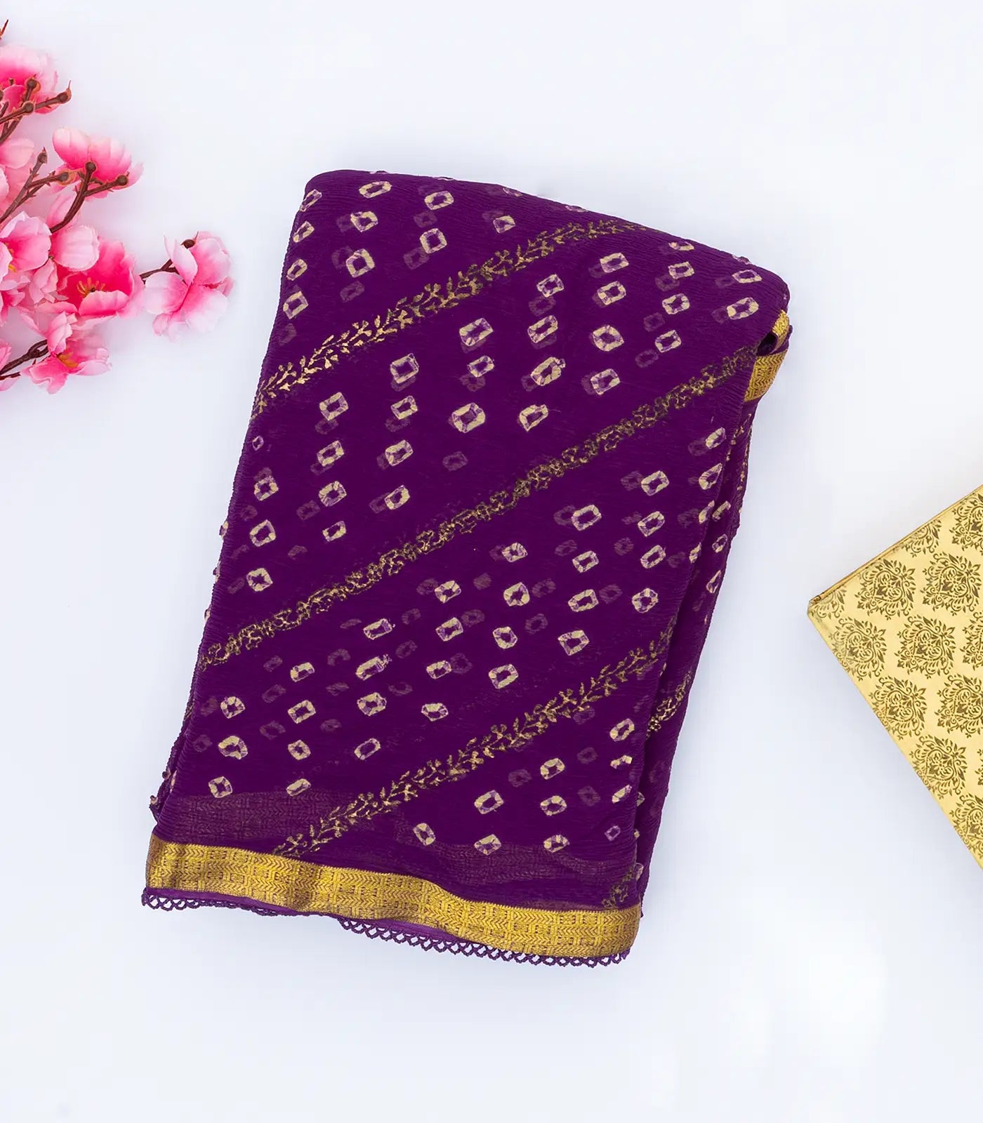 Purple Printed Crepe Silk Saree With Bandhani Motifs