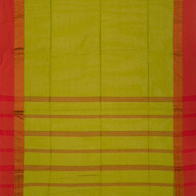 Olive Green Handloom Bengal Cotton Saree With Red Border