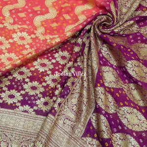 Peach Magenta Pure  Khaddi Georgette Banarasi Bandhani Silk Saree