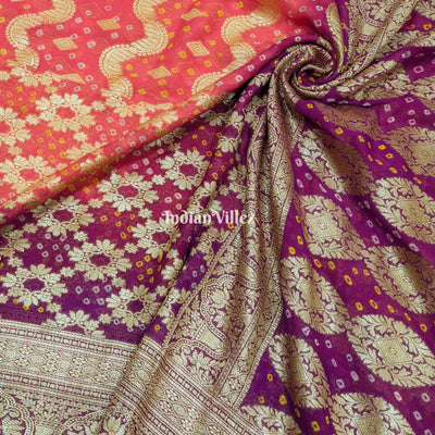 Peach Magenta Pure  Khaddi Georgette Banarasi Bandhani Silk Saree