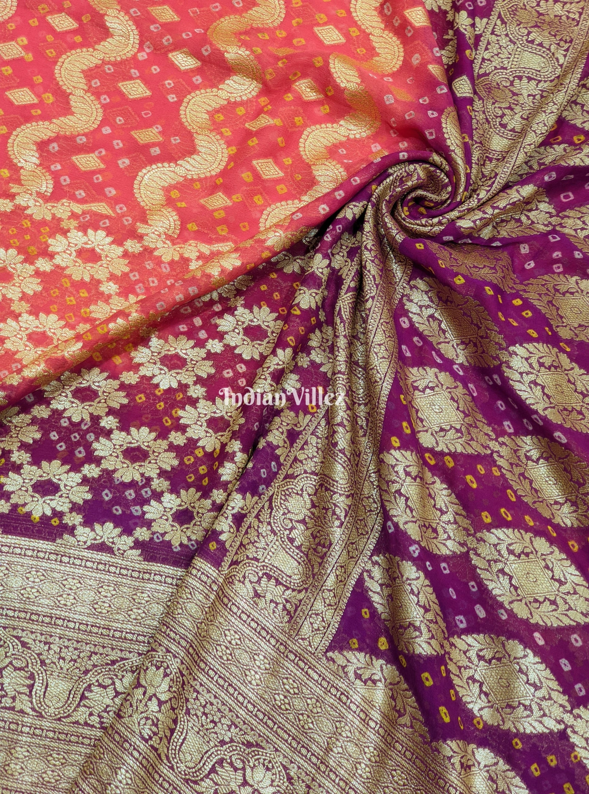 Peach Magenta Pure  Khaddi Georgette Banarasi Bandhani Silk Saree