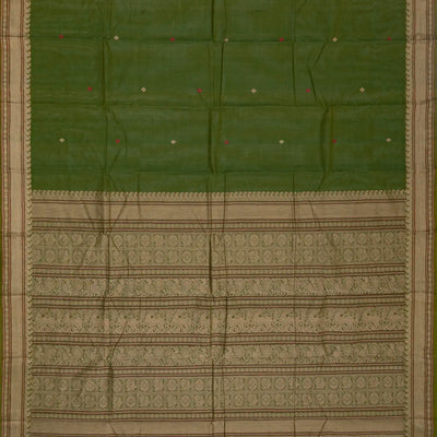 Leafy Green Handloom Kanchi Cotton Saree With Diamond Motifs