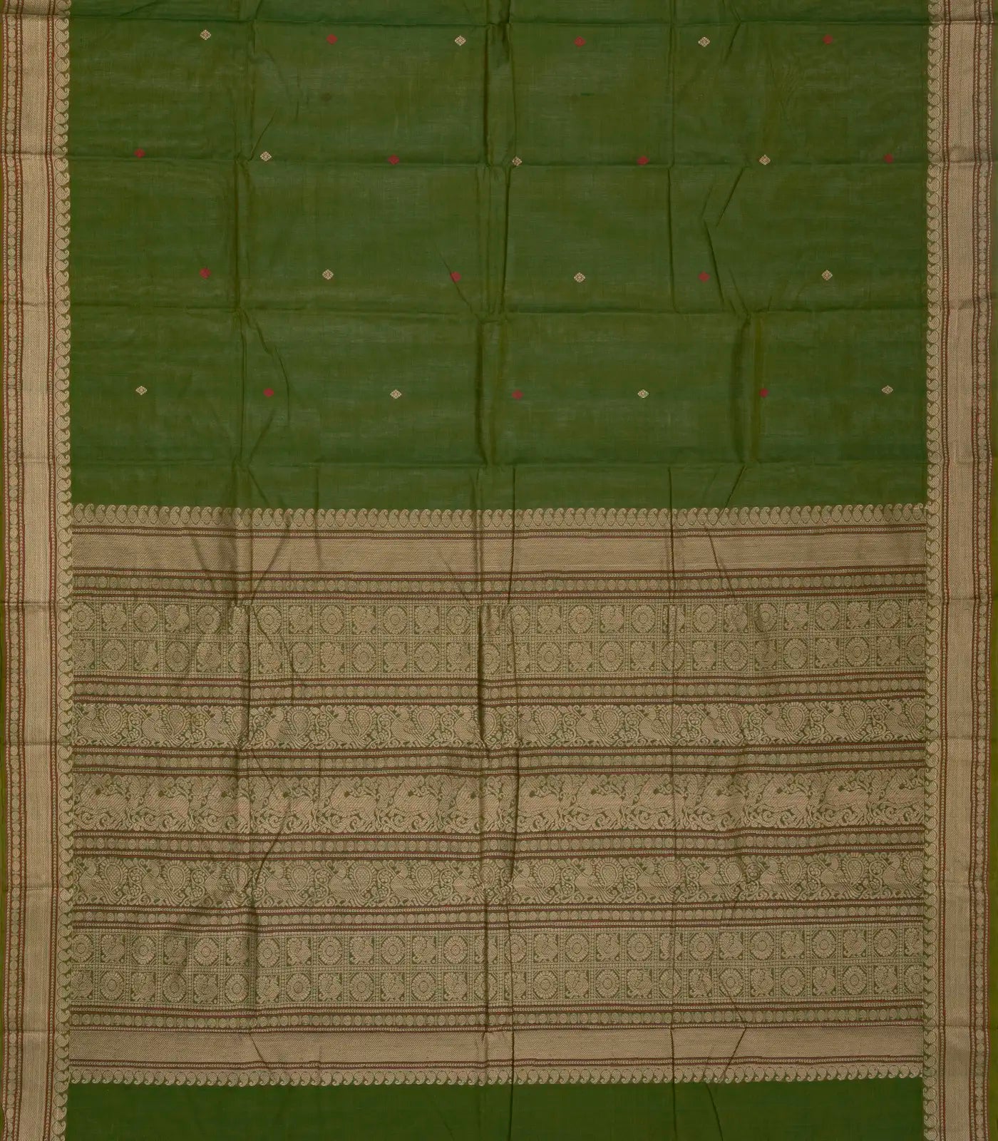 Leafy Green Handloom Kanchi Cotton Saree With Diamond Motifs