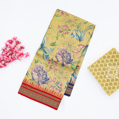 Sandal Handloom Tussar Silk Saree Printed With Floral Motifs & Ganga Jamuna Border