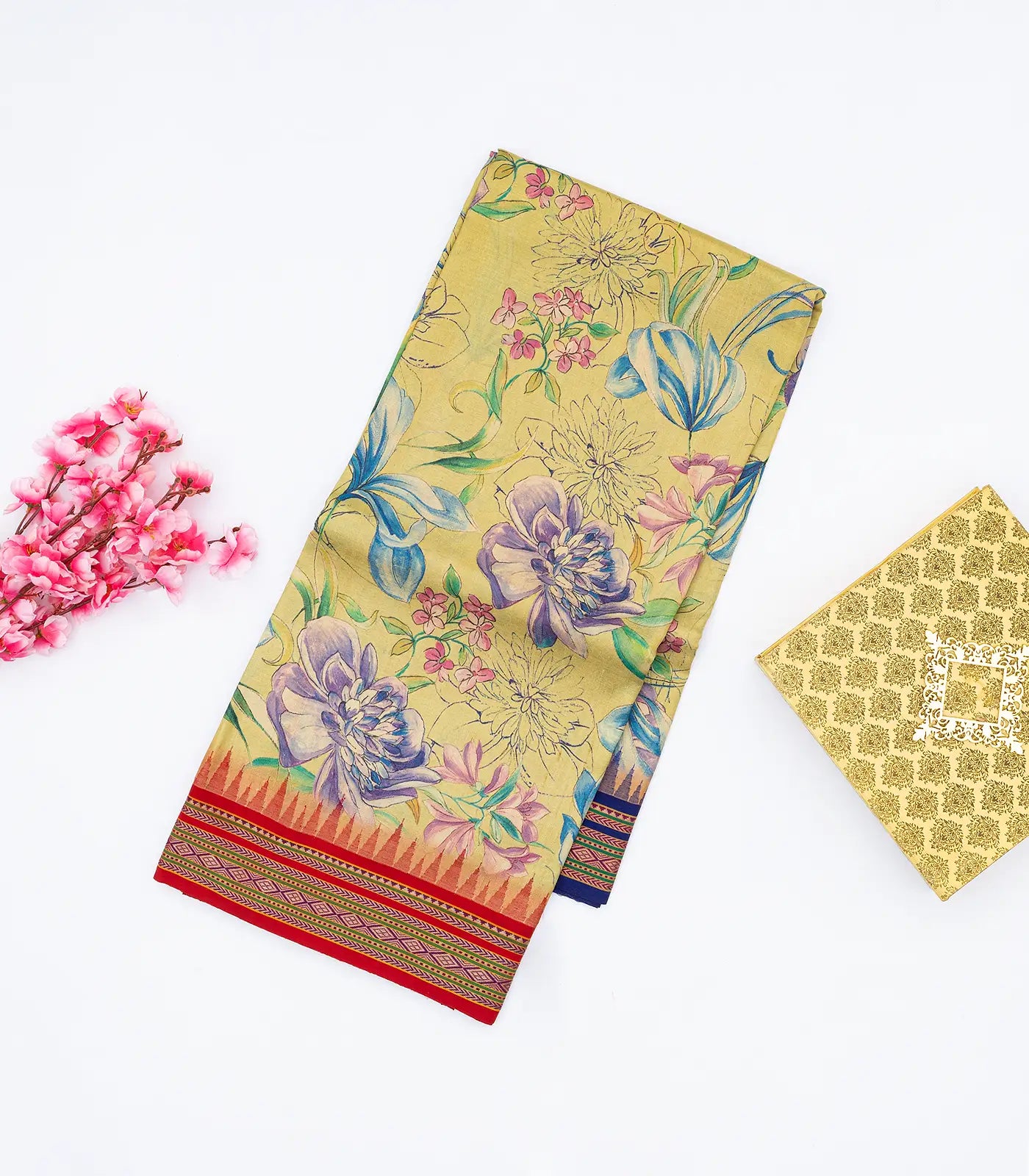 Sandal Handloom Tussar Silk Saree Printed With Floral Motifs & Ganga Jamuna Border