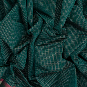 Teal Handloom Kanchi Cotton Saree With Checks & Dots