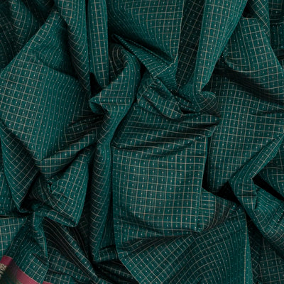 Teal Handloom Kanchi Cotton Saree With Checks & Dots