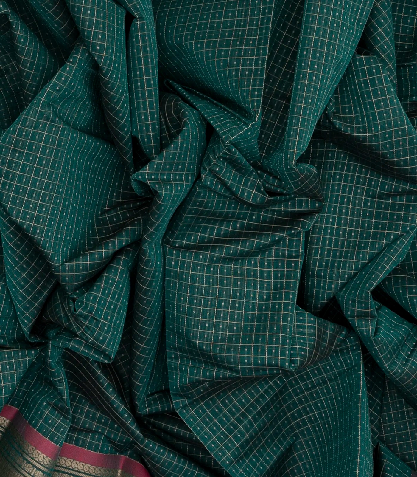 Teal Handloom Kanchi Cotton Saree With Checks & Dots