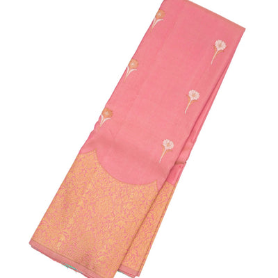 Peach Handloom Kanchipuram Silk Saree With Floral Buttas